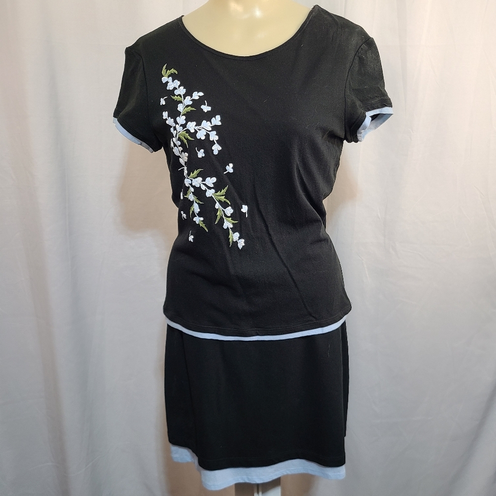 VTG PSSST Floral Embroidery Black Skirt Set Layered Skirt Top Lightweight Shower